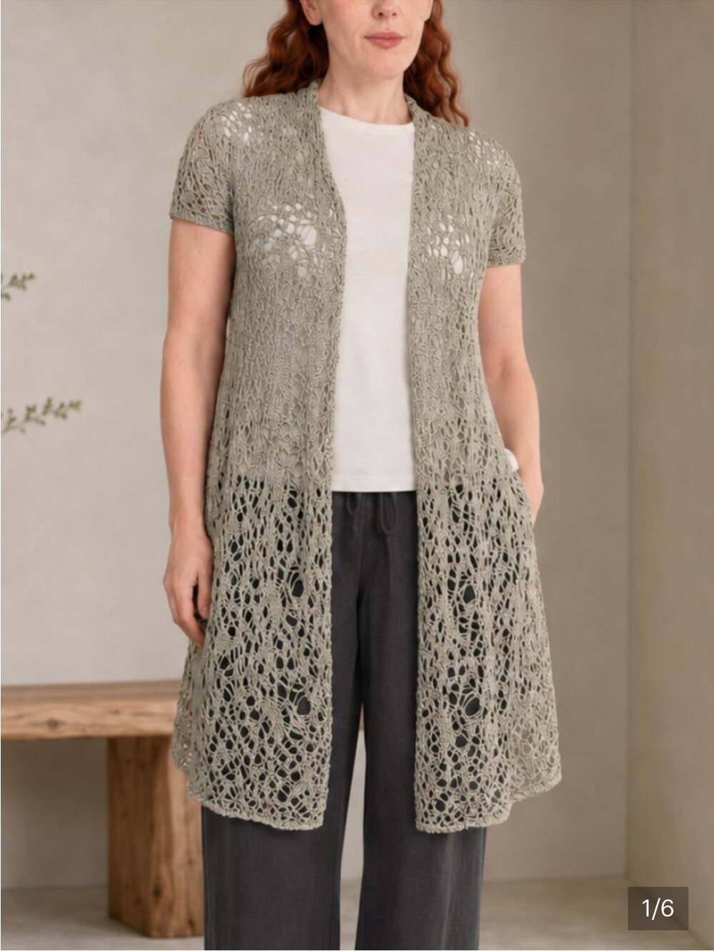 Eileen Fisher Rustic Short-Sleeve Duster in Taupe Gray-XL